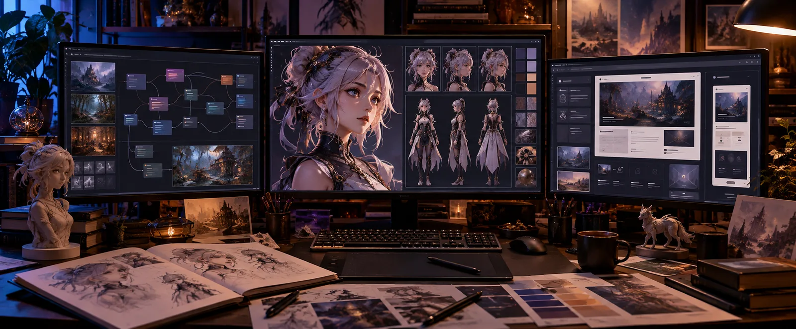 Concept visual of an original fictional character design and creative technology workspace