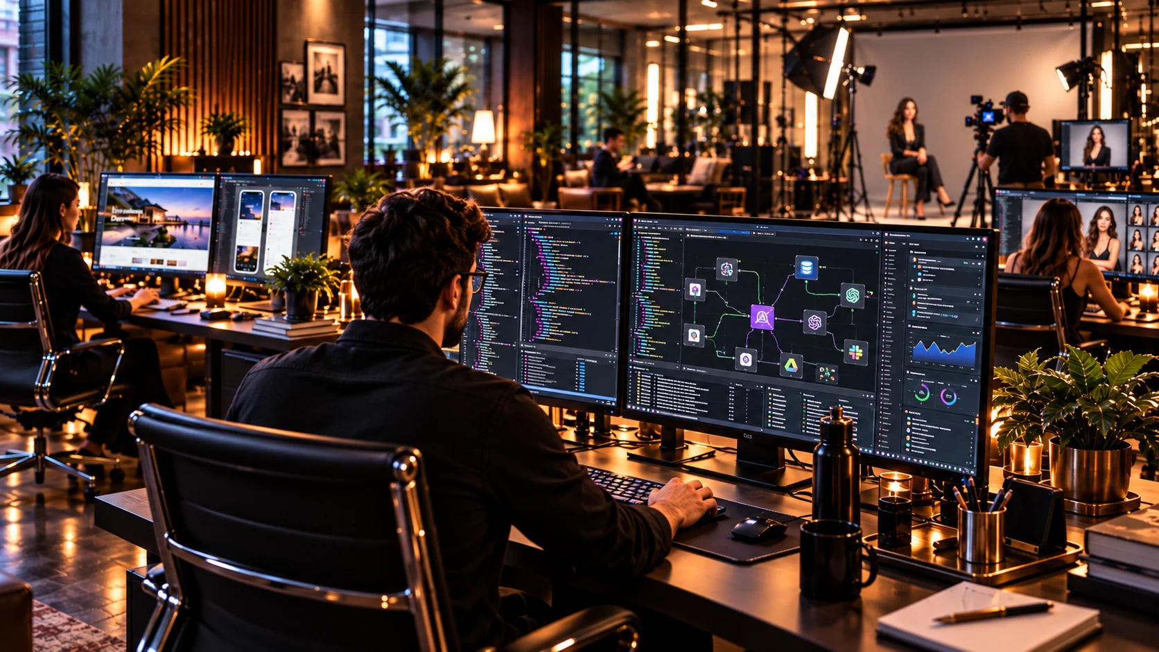 Illustrative creative workstation with code, automation, and connected production tools