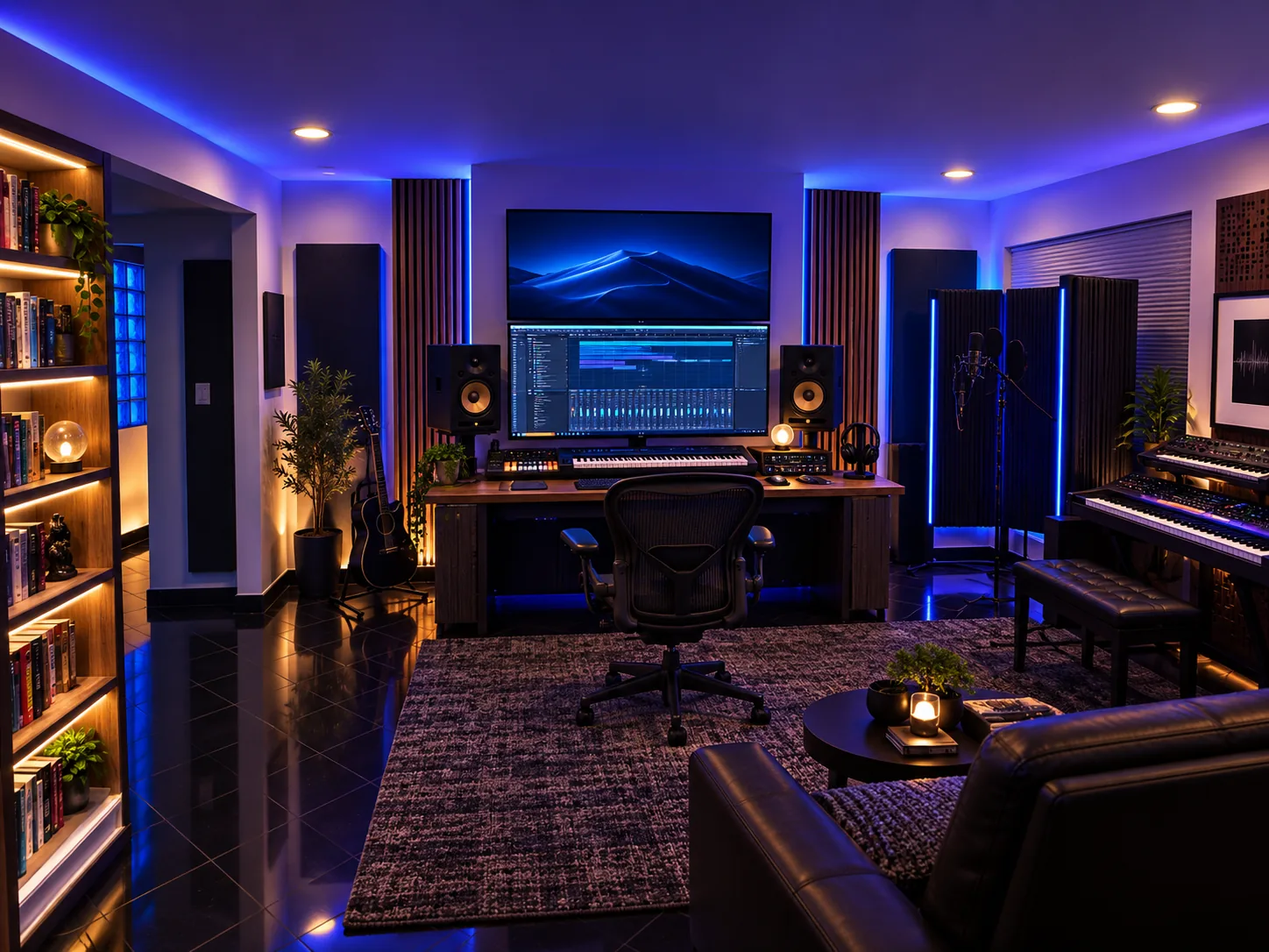 Concept visualization of a living room transformed into an integrated music and creator studio