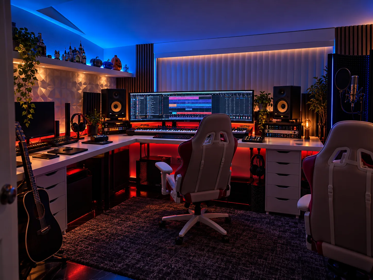 Concept visualization of a music production and recording room with a wide editing display, studio monitors, microphone, instruments, and control equipment