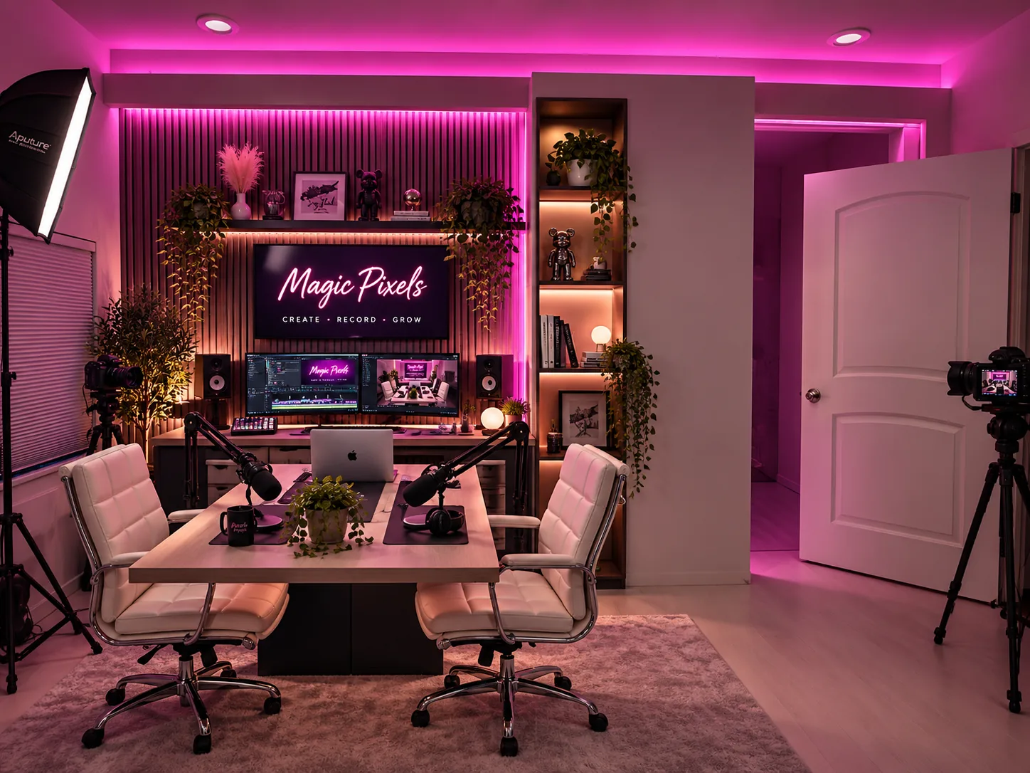 Concept visualization of a compact podcast and streaming room with microphones, cameras, lighting, and an editing workstation